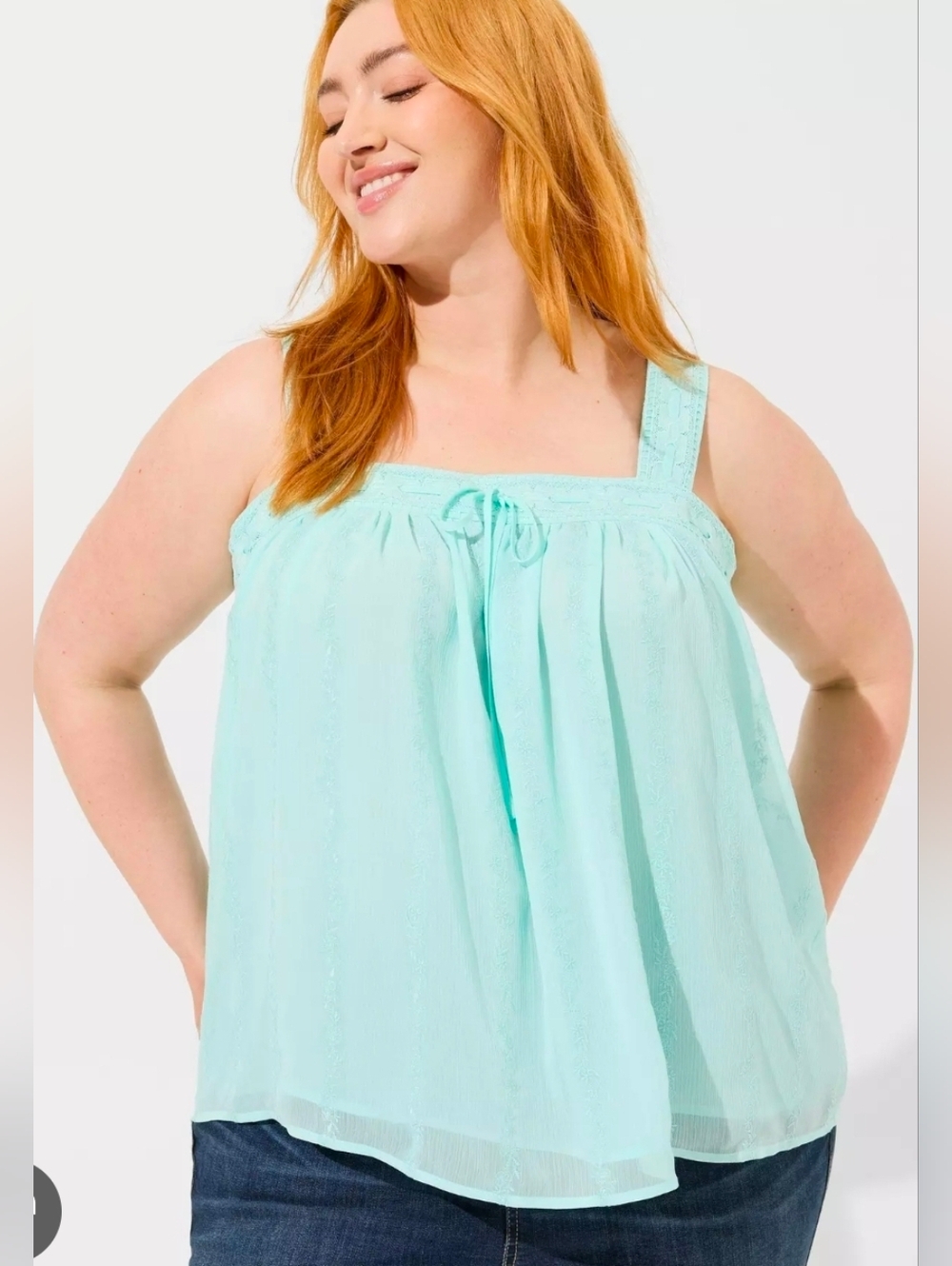 Torrid Women’s Blue Embroidered Crinkle Chiffon Crochet Lace Trim Tank Top
